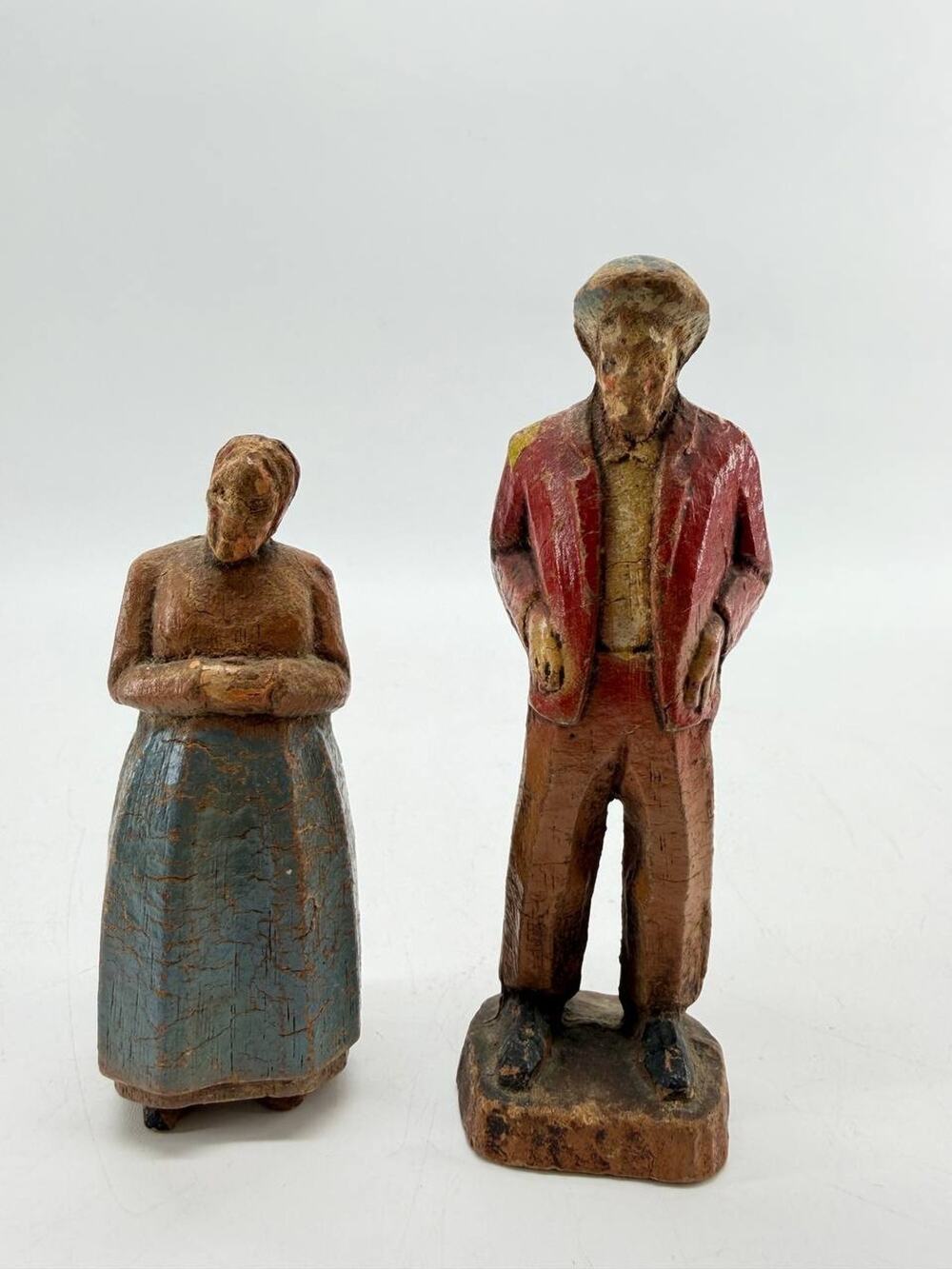 Hand Carved Painted Wood Man Woman Figurines Set of 2 Primitive Folk Art
